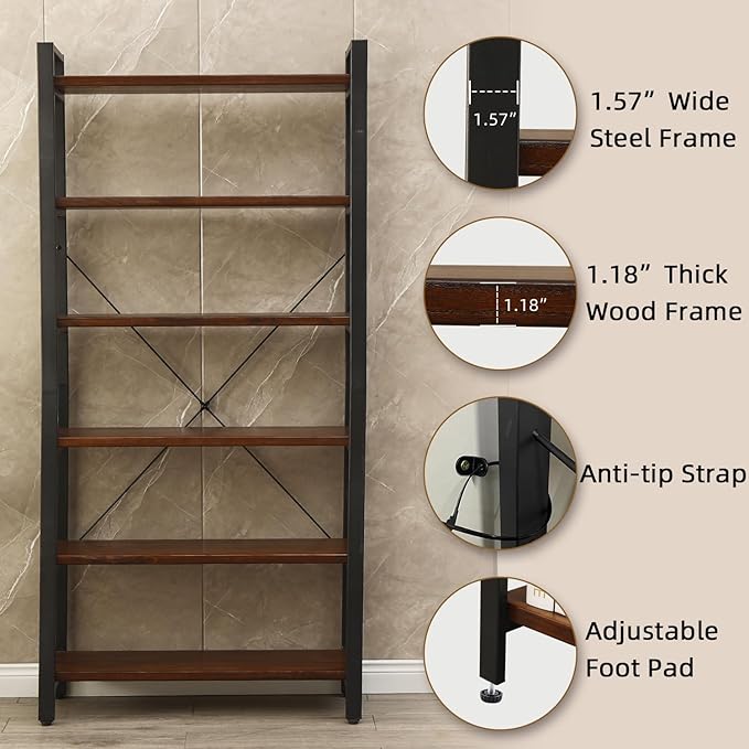 WH-AOERPYMY Natural Real Wood Bookcase,Industrial Bookshelf,6 Tier Solid Wood Open Book Shelf Storage,Metal Shelving Unit,Farmhouse Wide Etagere Bookcase for Office Living Bedroom (6 Tiers)