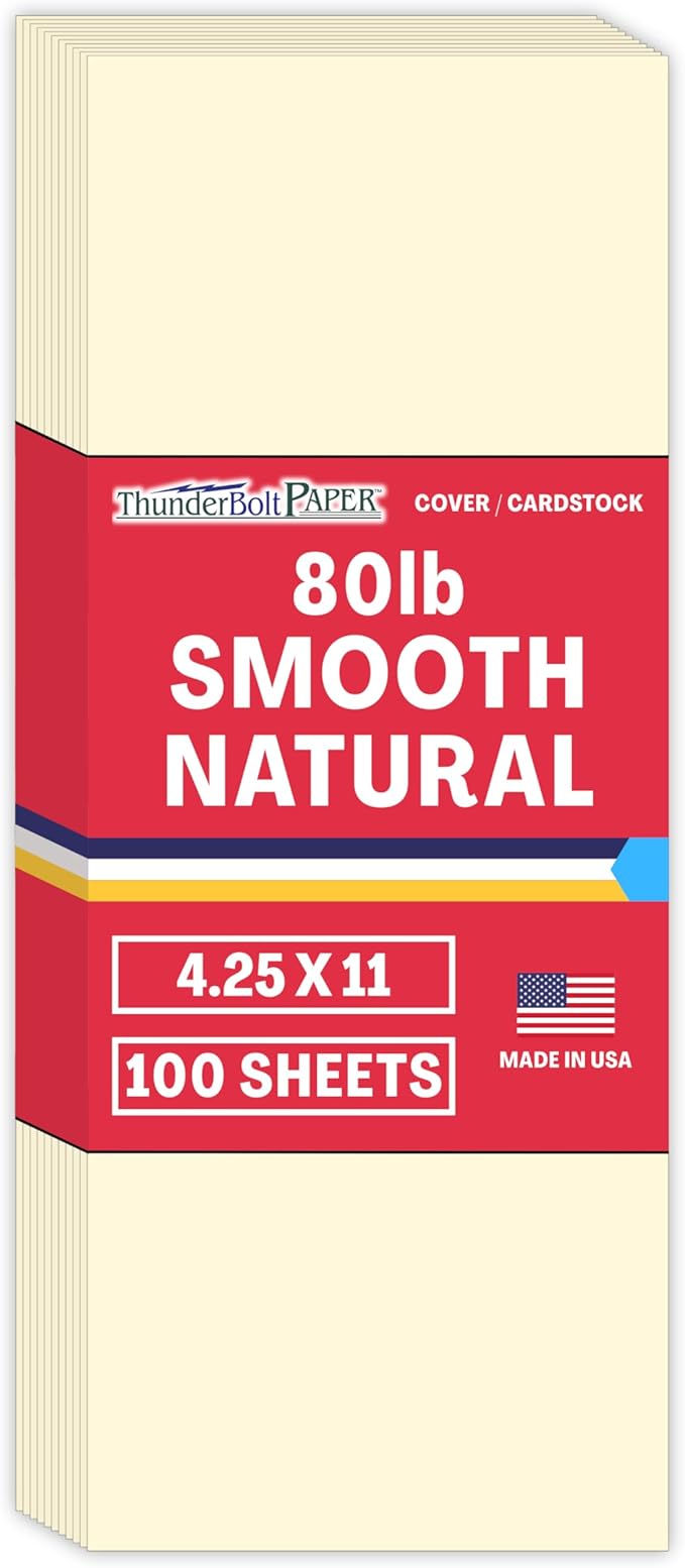 100 Natural Smooth Card Stock Sheets Paper - 4.25 X 11 Inches Half Letter Size Cut Long - 80# (80 lb/pound) Cover Weight - Quality Paper - Smooth Finish