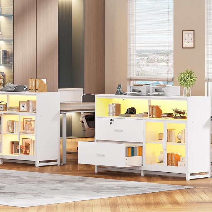 SEDETA 59" File Cabinet, 2 Drawers Filing Cabinets for Home Office fit Legal/Letter/A4 File, File Cabinet with Lock & Power Outlets, Printer Stand with Storage & LED Lights, White