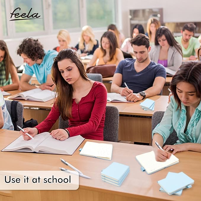 feela 6 Pack Pocket Small Notebooks Bulk, Mini Cute Memo Notepads Hardcover College Ruled Lined Journals with Pen Holder for Women Girls Office School, with 6 Black Pens, 3.5”x 5.5”, A6, Light Blue