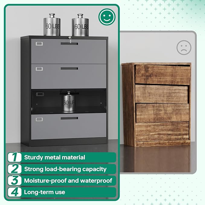 Letaya 4 Drawer Lateral Metal Filing Cabinet with Lock-File Cabines-Organization Storage Cabinets for Home Office-Hanging Letter/Legal/F4/A4 Size (4 Drawer-Grey Black)