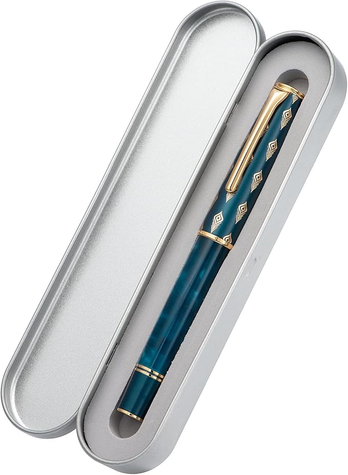 Hongdian N7 Blue Peacock Resin Piston Fountain Pen, Iridium Extra Fine Nib Classic Pen, Smooth Writing Pen with Metal Box