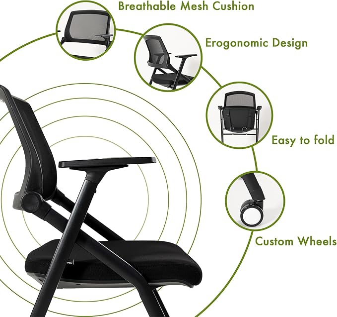 Home Office Chair Set of 4 Adjustable Armrest Ergonomic Mid-Back Breathable Mesh Foldable Conference Reception Chairs for School Waiting Room Small Space