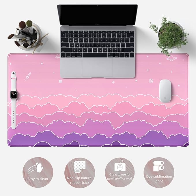 Kawaii Mouse Pad Desk Gaming Accessories Cute Clouds XXL Mouse Pad Pink Anime Office Decor Desk Mousepad Large, 31.5x15.7in Extended Keyboard Mousepad for Desk Girl with Stitched Edges Non-Slip