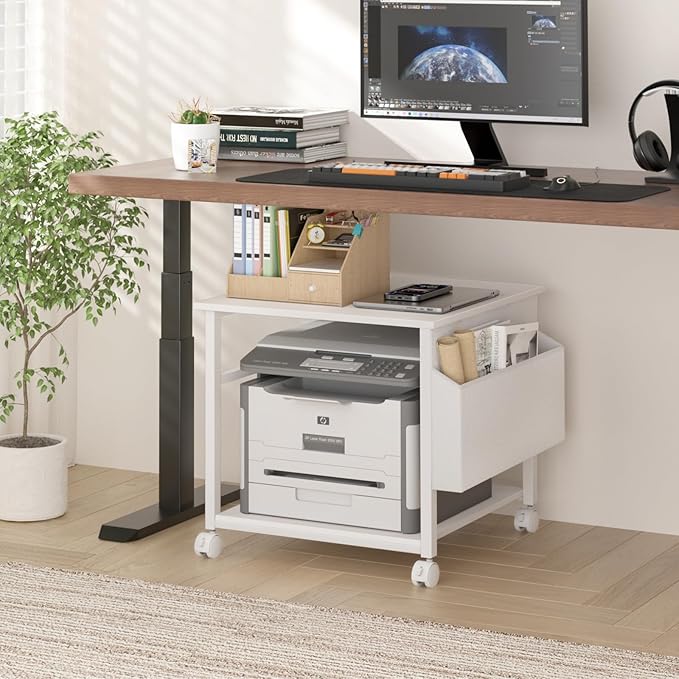 Lerliuo Large Printer Stand with Storage Shelf, 23.6 x 23.6 x 22.8 Industrial Printer Table for Home Office, Rolling Printer Cart Holder with Lockable Wheels, Mobile Mini Fridge Stand Table (White)