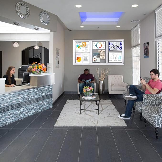 SWANCROWN Weather Resistant Enclosed Bulletin Board Gray Fabric Displays Boards Wall Mounted Notice Cabinet with Three Locking Doors, 70x36 inches