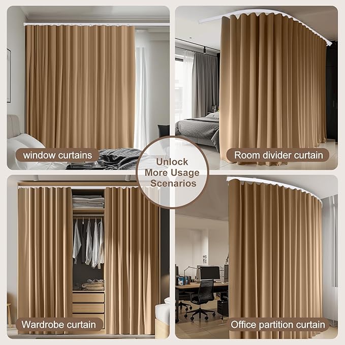 Room Divider Curtains & Flexible Bendable Tracks Set,Privacy Dividers Ceiling Track Curtain Window Blackout Curtains for Living Room Bedroom (W100 × H96 in 1 Panel Khaki Drape & White Rail)