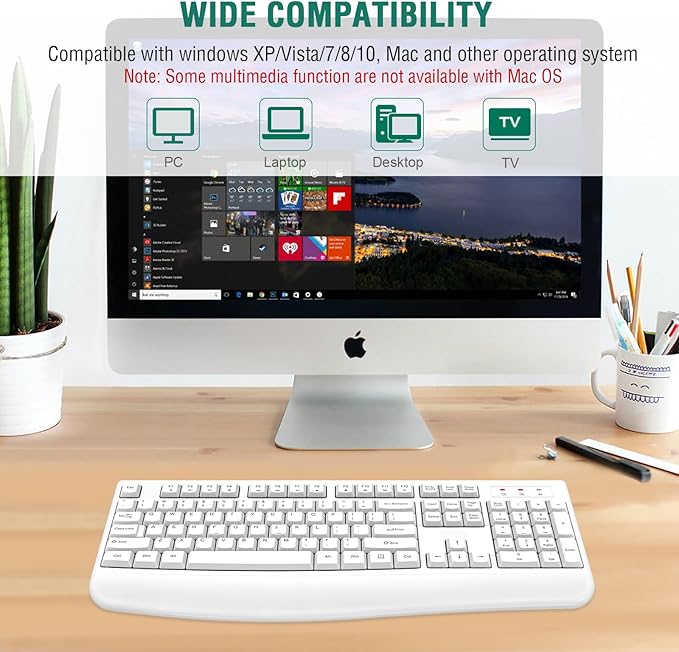 EDJO Wireless Keyboard, 2.4G Ergonomic Full Size Wireless Computer Keyboard with Wrist Rest for Windows, Mac OS Desktop/Laptop/PC(White)