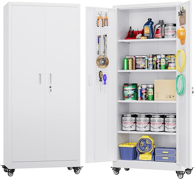 Aobabo 73''H Garage Storage Cabinet with Wheels,Office Storage Cabinet with Lock,Steel Cabinet with 2 Doors and 4 Adjustable Shelves for Garage Office,Required-Assembly White