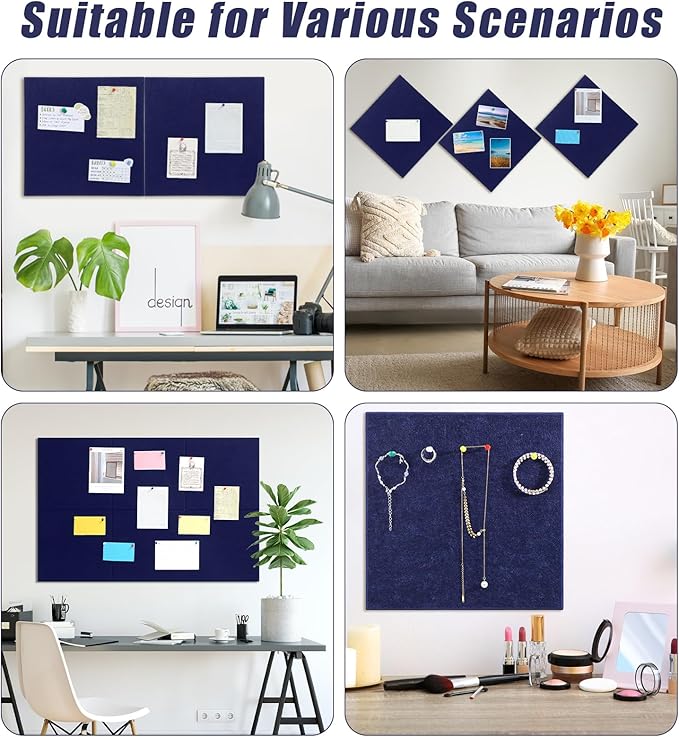 Large Cork Board 36" x 24", 6 Pack Felt Wall Tiles with Colored Pushpins, Bulletin Board with Removable Self-Adhesive Strips, Pin Board Cork Boards for Walls Office Home-Dark Blue