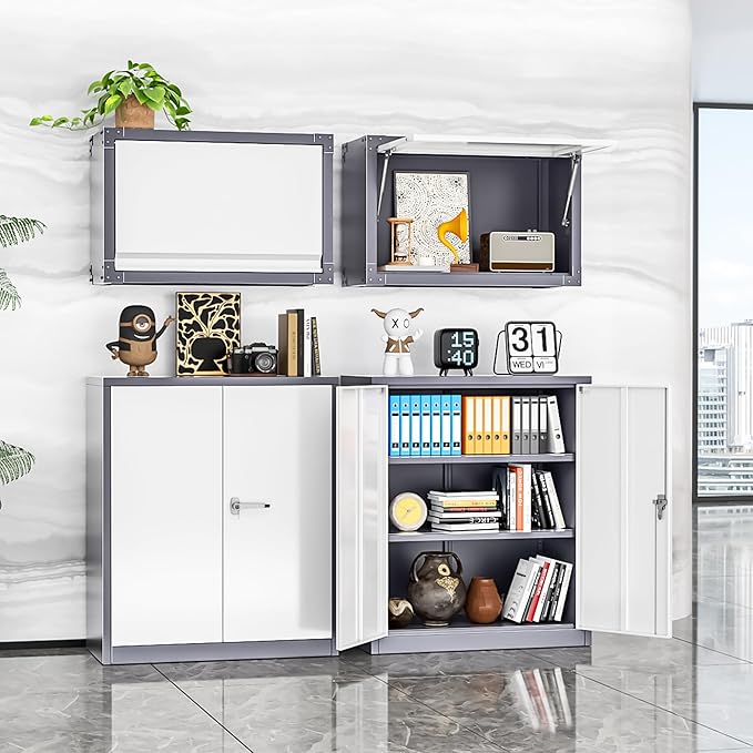 INTERGREAT Metal Cabinet with Lock, Lockable Metal Storage Cabinets with Doors and Shelves for Garage, Grey White Locking Garage Storage Cabinets 36"×32"×16"