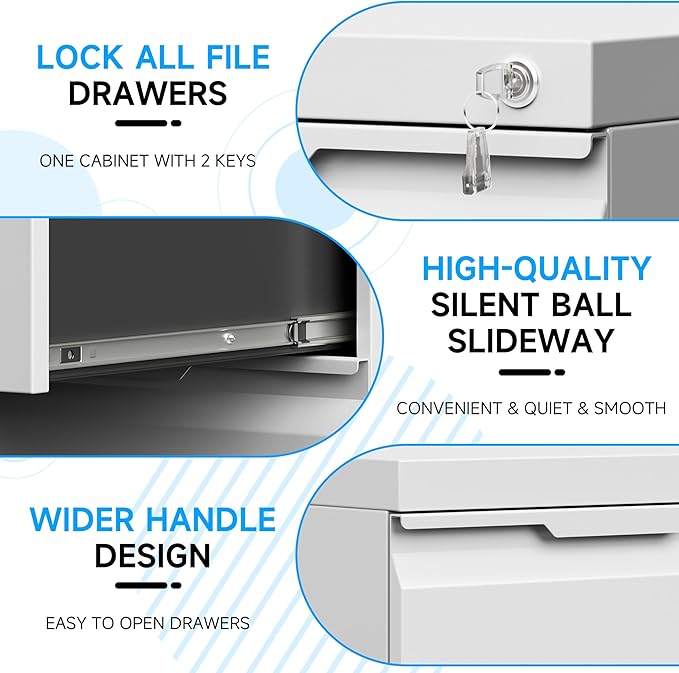 Bestoo 2 Drawer Mobile File Cabinet with Lock, File Cabinet on Wheels for Letter/Legal/A4 File, Metal Rolling File Cabinets for Home Office (White)