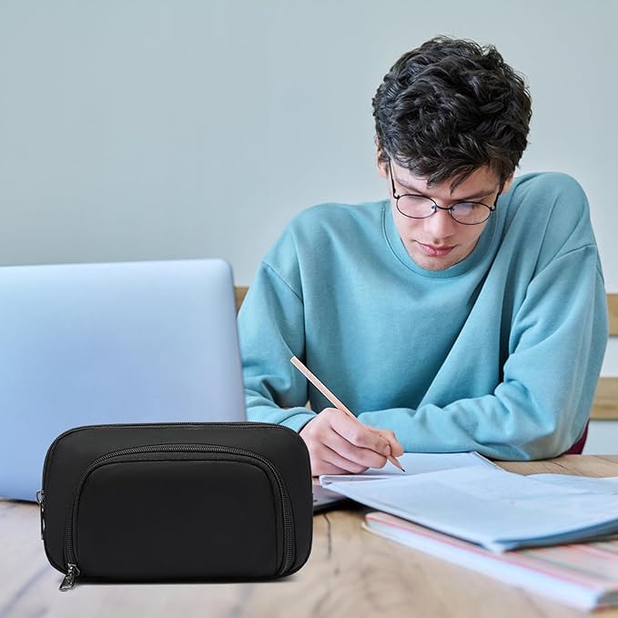 XQXA Pencil Pouch Large Capacity Pencil Case Organizer, Multifunctional Pen bag with 3 Compartmens, Big Pencil Bag for Office Travel Men Women Adult (01-Black)