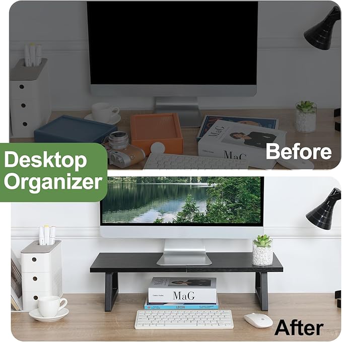 TEAMIX 24 inch Monitor Stand Riser, Black Wood & Steel Computer Monitor Stand with Storage, Laptop, PC, Printer Stand Riser for Desktop Office Desk Organizers