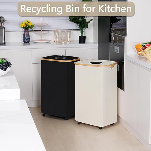 efluky Recycle Bins for Kitchen 100L (26 Gallon), Recycling Bin with Wheels and 2 Removeable and Reusable Inner Bags, Kitchen Recycling bin with lid for Bottle Can Plastice Stickers, Beige