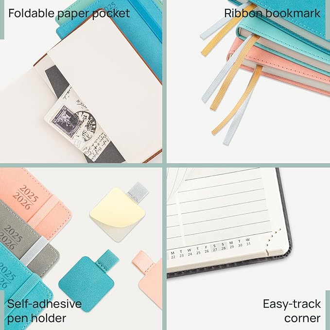 POPRUN Pocket Planner 2025-2026 (Purse Size 4'' x 6.25'') Academic Small Calendar (July 2025 - June 2026) with Hourly Time Slots, 100GSM Thick Papers, Leather Soft Cover - Brown