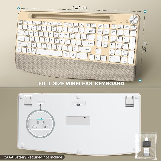 Ergonomic Wireless Keyboard with Wrist Rest-Low-Profile,Phone/Tablet Holder,Quiet Design,Windows & Mac OS,Full Size Cordless USB Computer Keyboard for Desktop,Laptop, PC, Mac, Windows-Gold