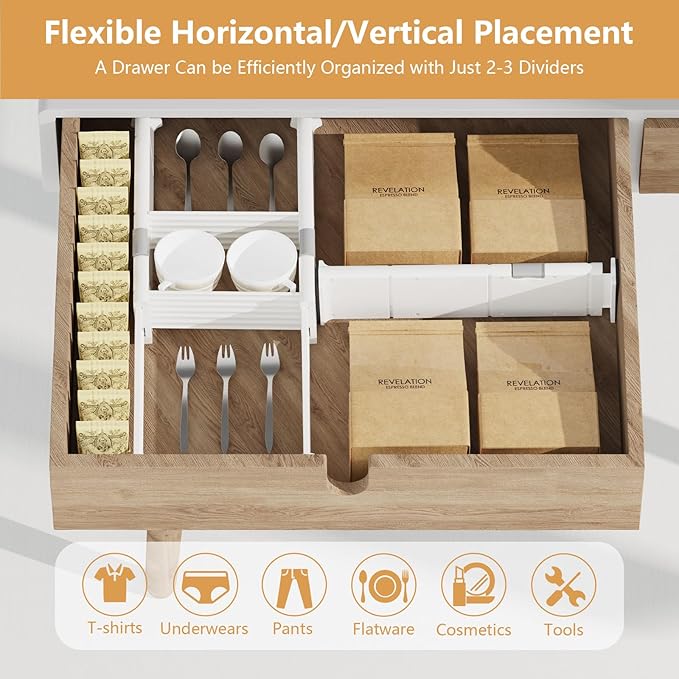 KABUM Upgrade Adjustable Drawer Divider Organizer Clothes Dresser Organizer,Expandable Organization for Home, Office,2.8" High Expandable from 11.7" to 18.5",4 Dividers with 6 Long and 2 Short Inserts