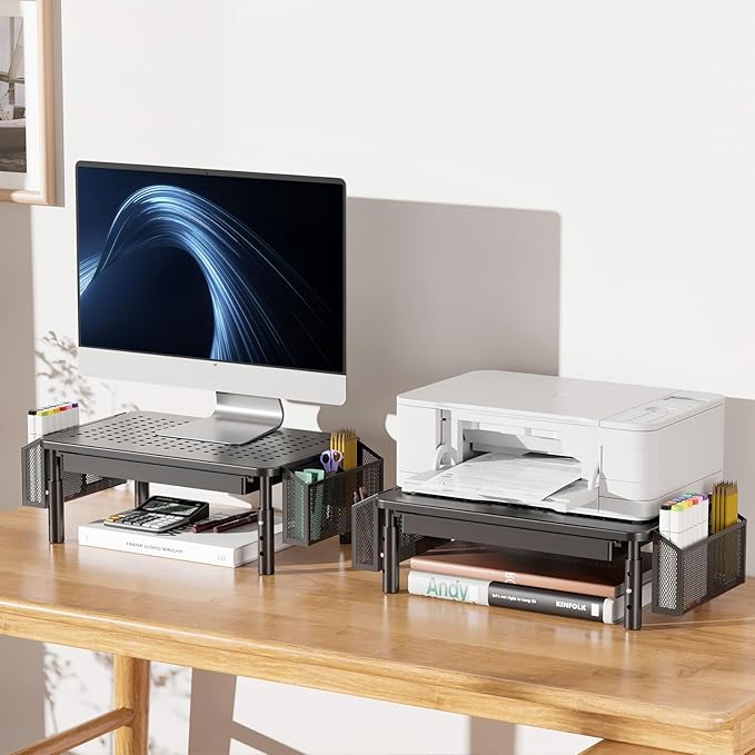 WALI Computer Monitor Stand with Storage, Desk Organizer with Drawer and Pen Holder, Desk Monitor Riser 3 Height Adjustable, Laptop Riser for Computer, Laptop, Printer (STT003DH-B), 1 Pack, Black