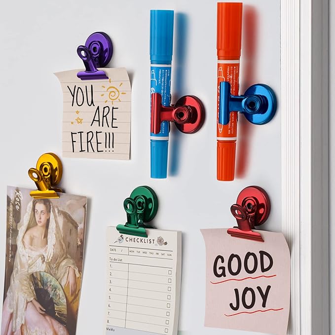 FINDMAG 12 Pack Magnetic Clips for Photo Display and Picture Hanging, Strong Fridge Magnets, Scratch-Free Heavy Duty Magnet Clips for Whiteboard, Kitchen, Office, School, Purple, 30mm Wide.