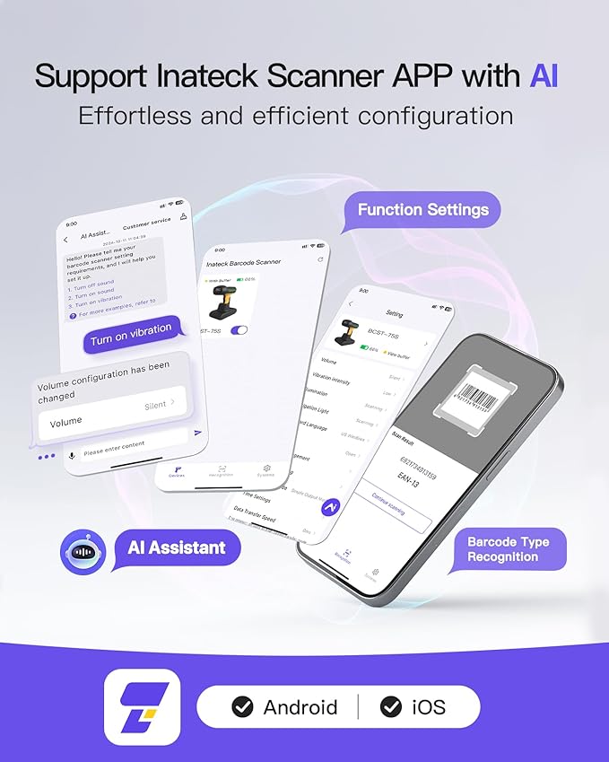 Inateck Industrial Barcode Scanner Wireless, 2D QR Code Scanner with Smart Charging Stand, IP67 Waterproof and Dustproof, Barcode Reader with 2600mAh Battery,Handscanner with App & SDK, BCST-75S
