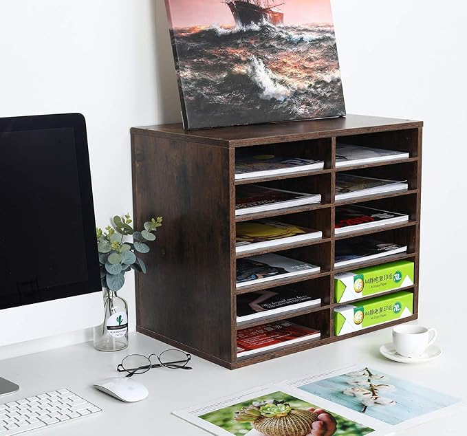 EasyPAG Mail Organizer Countertop, Wood Literature Organizer, Student Classroom Mailbox for School, Desktop Paper Sorter for Office Home, 12 Compartments, Archaize