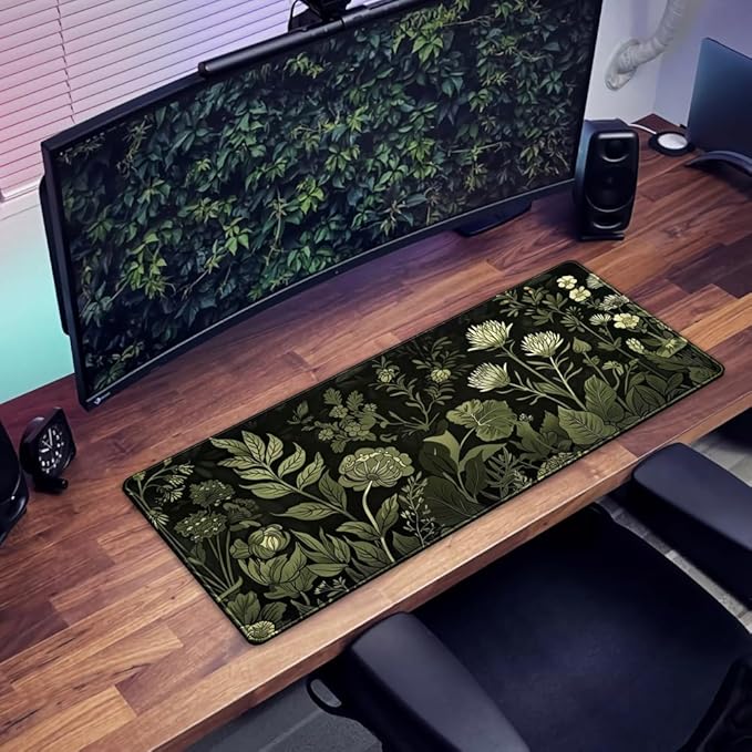 Sage Green Floral Black Plant Desk Pad Retro Aesthetics Mouse Pad Large Gaming Mouse Mat for Office Computer Keyboard Laptop Home with Stitched Edges,Non-Slip Base 31.5 X 11.8 in