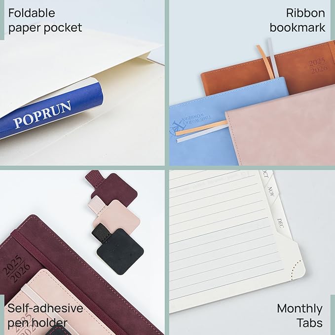 POPRUN Planner 2025-2026 Weekly Notebook (Large 8.5''x 10.5'') Academic Calendar (JUL.25 - JUN.26) Appointment Book with Monthly Tabs, Leather Soft Cover, Inner Pocket, 100 GSM - Cerulean Blue