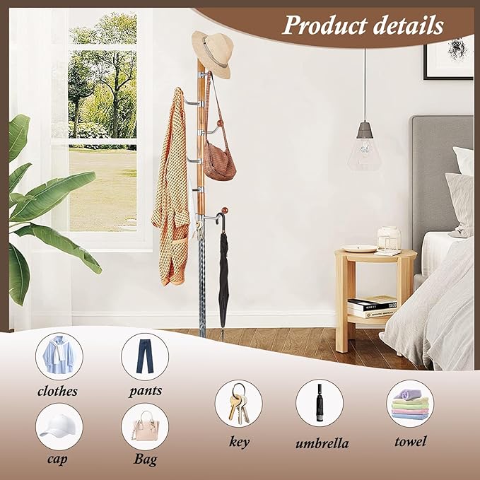 Wooden Coat Rack Freestanding, Vintage Coat Racks with Sturdy Round Base, Adjustable Height 37.40"-72.83" Entrance Coat Rack for Bedroom Living Room Entryway (Solid Wood Metal Hook)