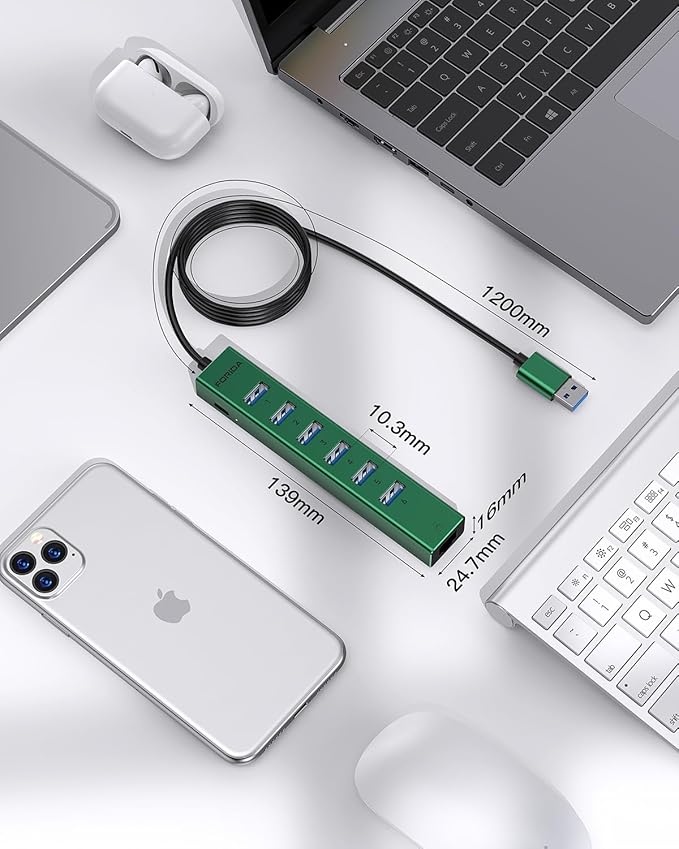 7 Ports USB 3.0 Hub, USB to Network HUB with 3.9ft Long Cable for Laptop, USB Splitter with Gigabit Ethernet Port and 5V/3A Power Port, MultiPort Aluminum Hub for iMac, PC, Flash Drives (Green)