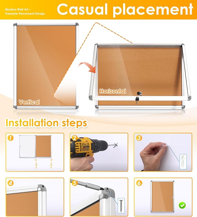 SWANCROWN Enclosed Bulletin Board,Lockable Cork Noticeboard for School Office,Wall Display Case with Lock 20"x14"(2xA4)