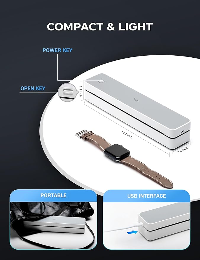 PRT Portable Printer Wireless for Travel, Inkless Bluetooth Small Mobile Thermal Printer, Support 8.5" X 11", A4, Compatible with iOS, Android, Laptop for Home Use, Office & Vehicles, 300 DPI, White