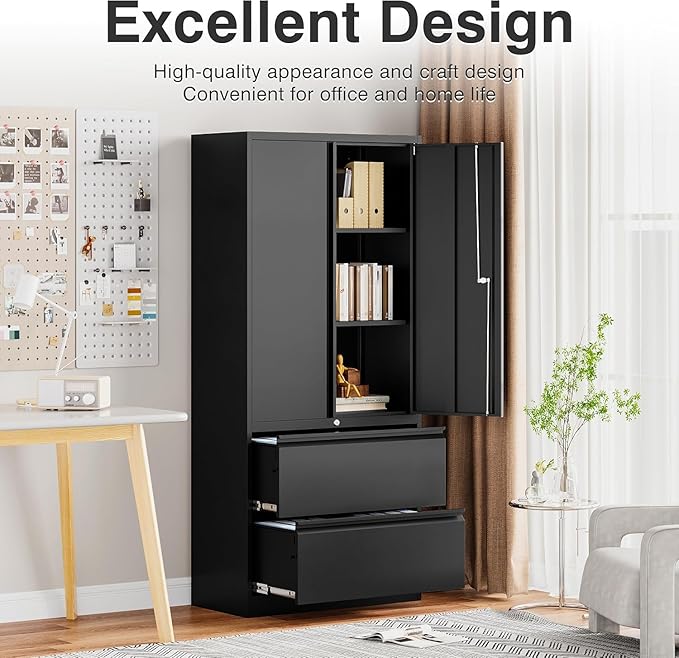 SISESOL 2 Drawer Lateral File Cabinet with Lock and Shelf,71" Black Filing Storage Cabinet with Doors,Locking Metal Storage Cabinets with Drawers for Home,Office,Garage,School,Fit A4/Letter/Legal File