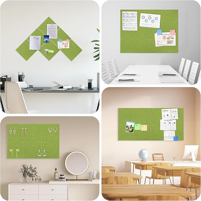 Large Cork Board for Office Wall Decor,48"x36"-12 Pack Felt Wall Tiles with Safe Removable Adhesive Tabs, 1/2" Thick, Felt Bulletin Board Pin Board Cork Boards for Walls - Matcha Green