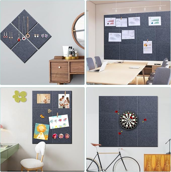 Large Cork Bulletin Board - 48" x 36" Cork Board for Walls - 12 Pack Felt Wall Tiles with Safe Removable Adhesive Tabs - Bulletinboard for Office Classroom Home Decor - Drak Grey