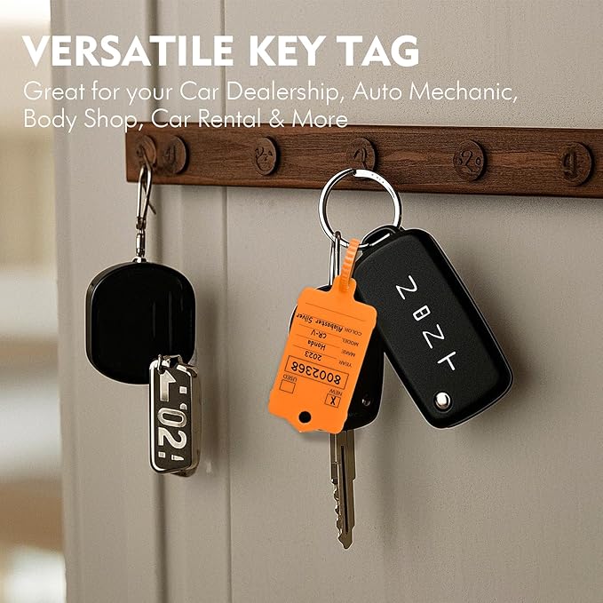 100 Car Key Tags with Labels Plastic Car Dealership Key Tags Self Locking Automotive Identifiers Blank Shop Labels with One Pen (Orange)