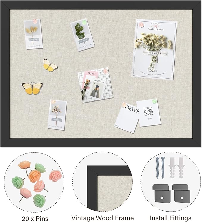Cork Board Bulletin Board 18" x 24", Large Linen Corkboards with Frame for Walls, Cute Picture Display Pin Board Vision Board for Room School Office Bedroom 20 Pushpins Vintage Black