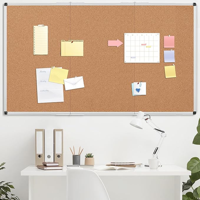 Board2by Extra Large Cork Bulletin Board 96" X 48", Foldable Notice Pin Board for Wall, Silver Aluminum Framed 8'x4' Corkboard, Wall Mounted Noticeboard with 36 Push Pins for School, Home & Office