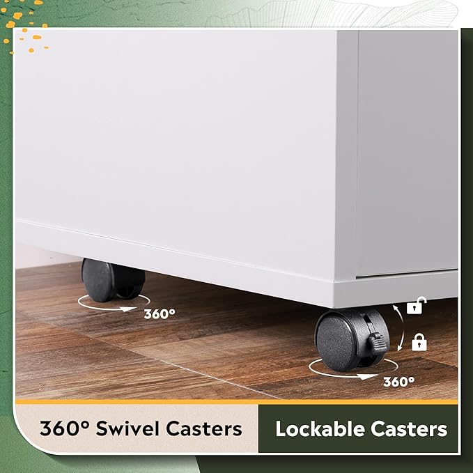 DEVAISE File Cabinet with Charging Station, 1-Drawer Lateral File Cabinets with Lock for Home Office, Wooden Rolling Printer Stand with Shelves, White