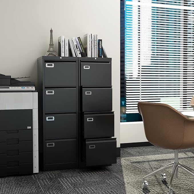 4 Drawer File Cabinet with Lock Metal Vertical File Cabinet Office Home Vertical File Cabinet for A4 Legal/Letter Size Narrow File Cabinet Locked,Assembly Required (Black, 4 Drawers- Vertical)