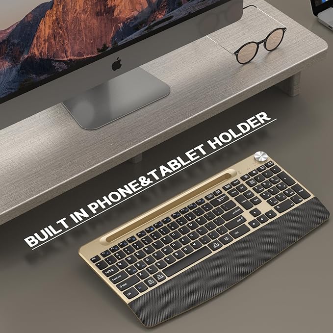 JOYACCESS Ergonomic Wireless Keyboard with Wrist Rest, Phone/Tablet Holder,Windows & Mac OS, 2.4 GHz Wireless, Full-Size,Quiet Keyboard Compatible for Laptop,PC, Mac, Windows -Black Glod