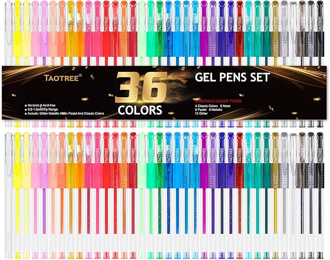 Taotree Gel Pens for Adult Coloring Books, 36-Color Neon Glitter Pens Coloring Drawing Art Supplies, 40% More Ink Glitter Gel Markers Set Colored Sparkle Doodling Journaling Gifts for Kids Teens