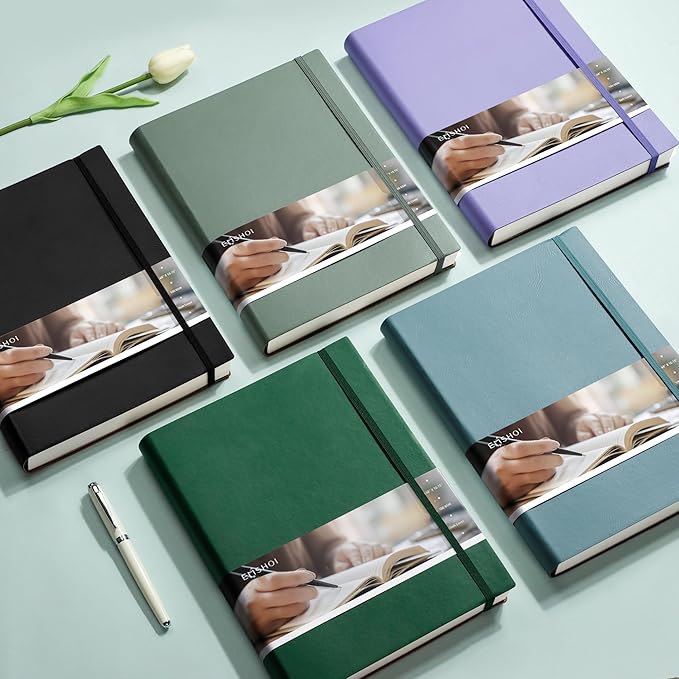 EMSHOI A4 College Ruled Notebook Journal- 400 Pages (200 sheets), 7mm Spacing & Vegan Leather Cover for Work, School, Bible Study, Bullet Journaling- with Sticky Notes, Pocket & Pen Holder - GrayBlue