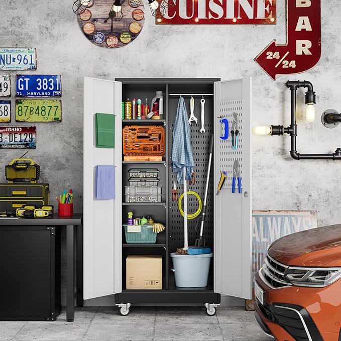 Garage Storage Cabinet with Wheels, Metal Tool Cabinet with Pegboards and 4 Adjustable Shelves, Garage Storage System with Lockable Door for Shools, Offices, Gyms and Pantries, Black and White