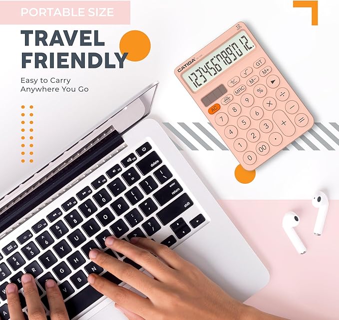 CATIGA 12 Digit Desktop Calculator Basic Desk Calculator with Large LCD Display, Big Buttons, 4 Function, Solar and Battery Dual Power, for Office, School, Home, SD-1292 Pink