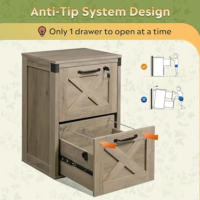 DEVAISE 2 Drawer File Cabinet with Lock, Wood Farmhouse Filing Cabinet for Home Office, Printer Stand Fits Letter and A4 Size, Gray Oak