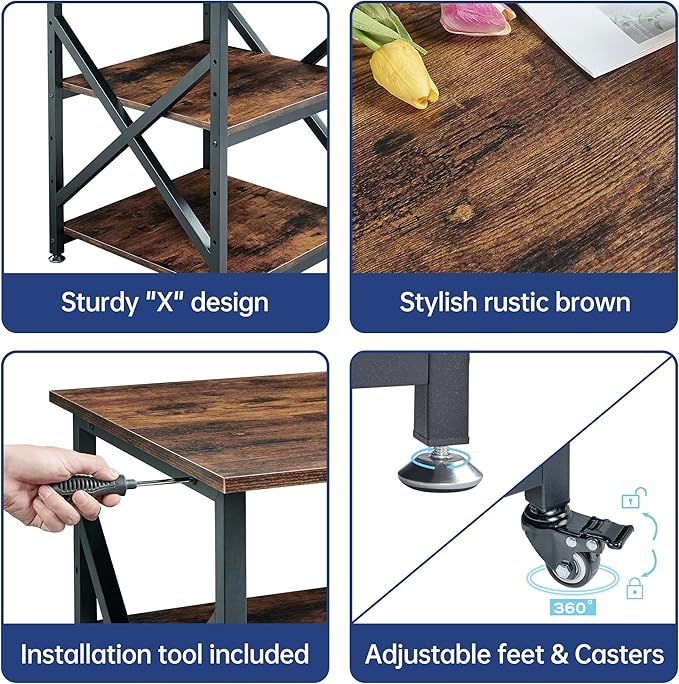 23.6 x 23.6 Inches Large Printer Stand, 3 Tier Square Printer Table with Height Adjustable Storage Shelf, Rolling Printer Cart with Industrial Wheels for Home Office - Rustic Brown