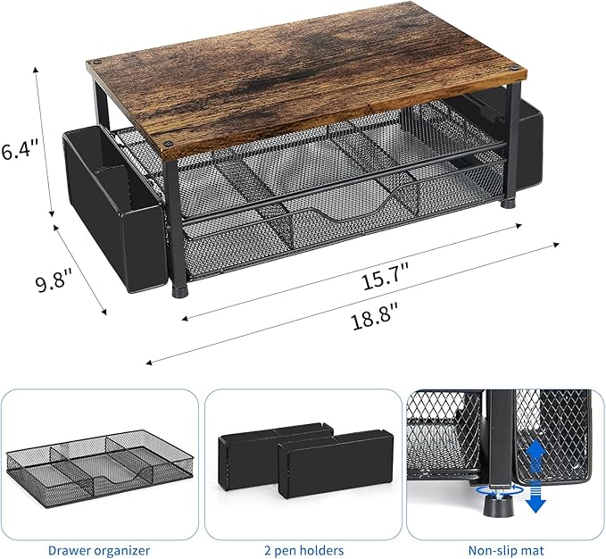 Wood Desk Organizers and Accessories, 2-Tier Computer Monitor Stand Riser with Drawer, Pen Storage & Phone Holder, Office Desk Accessories, Workspace Desktop Organization for Office Supplies(Brown)