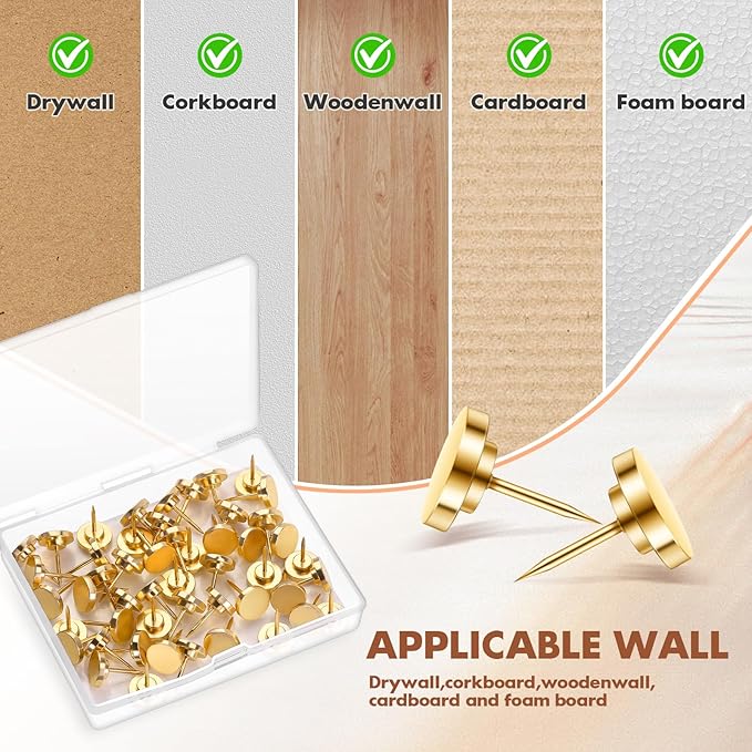 30 Pieces Gold Push Pins, Gold Decorative Thumb Tacks, Metal Push Pins for Wall, Thumbtacks for Wall, Push Pins for Bulletin Board, Picture Hanging Nails, Poster Tack, Wall Tacks for Hanging