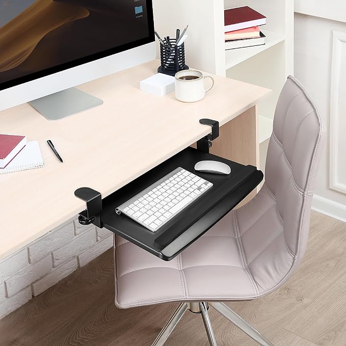 EHO Clamp-On Retractable Adjustable Keyboard Tray, Under Desk Ergonomic Keyboard Tray - Easy Tool-Free Install - Small with Wrist Rest 20" (24.8" Including Clamps) x 11.5" for Enhanced Typing Comfort